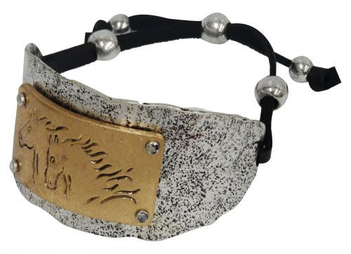 Silver OX bracelet with gold horse engraved plate and drawstring.