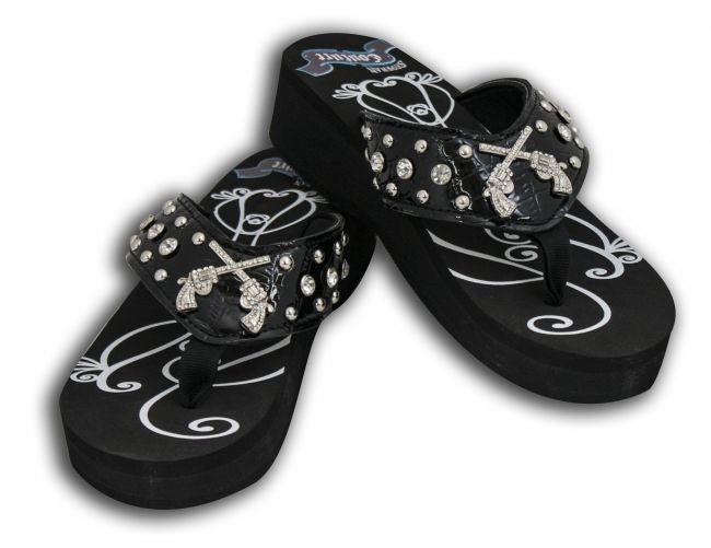 Showman Couture™ Ladies Western bling flip flops with crystal inlay crossed guns conchos.