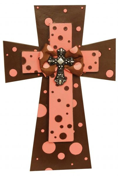 Montana West ® 14" x 9" Brown and pink layered cross with polka dots.