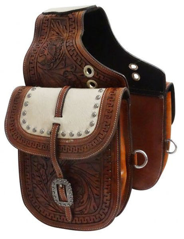 Showman ® Tooled leather saddle bag with hair-on cowhide overlay.