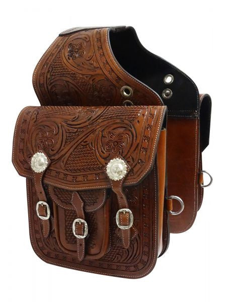 Showman ® Tooled leather saddle bag with engraved silver conchos and buckles.