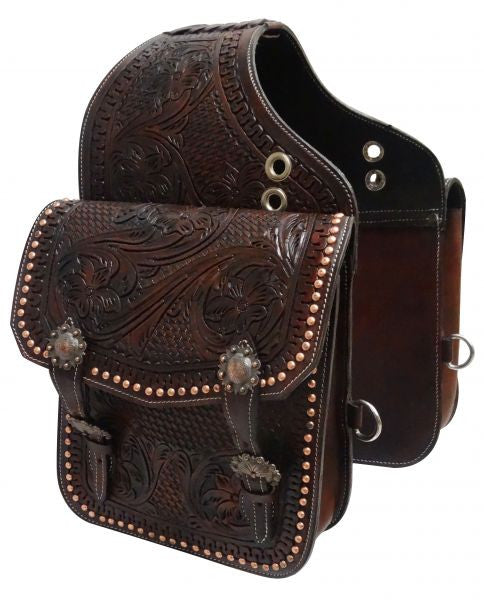 Showman ® Tooled dark oil leather saddle bag with engraved antique bronze conchos and buckles.