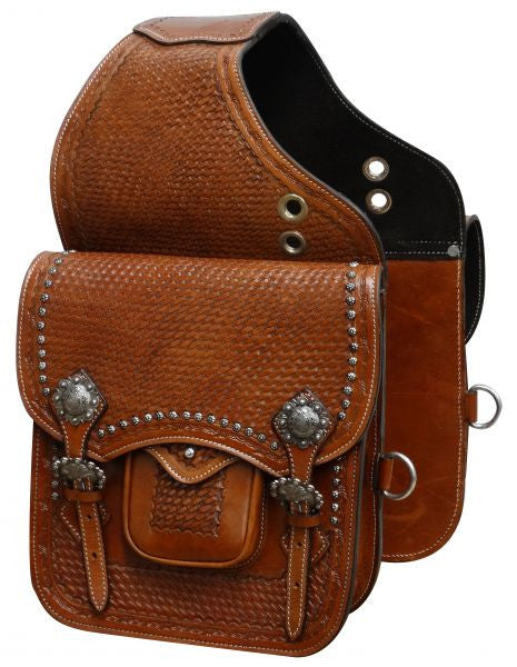 Showman ® Tooled leather saddle bag with engraved brushed nickel hardware.