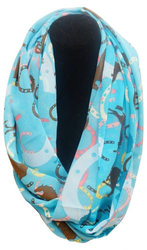 15" X 60" Blue voile infinity scarf with running horse print.