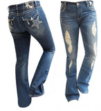 Rockin' Star boot cut denim jeans with embroiderd star pocket.