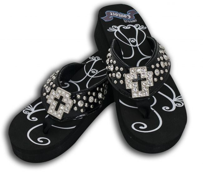 Showman Couture™ Ladies western bling flip flops with crystal cross concho.