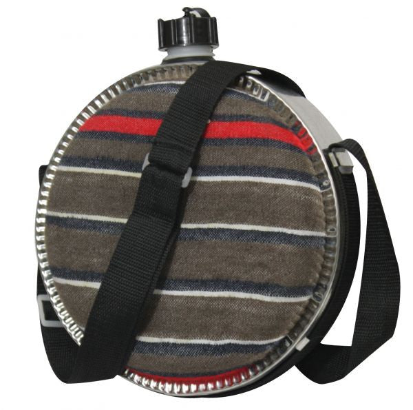 Showman ® 4 qt leak proof metal bound blanket covered canteen with lid and nylon strap carrier.
