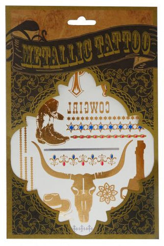 Western cowgirl designs shimmer foil temporary tattoo sheet.