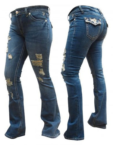 ViVi Diva boot cut denim jeans with embroiderd filigree pocket and worn front.