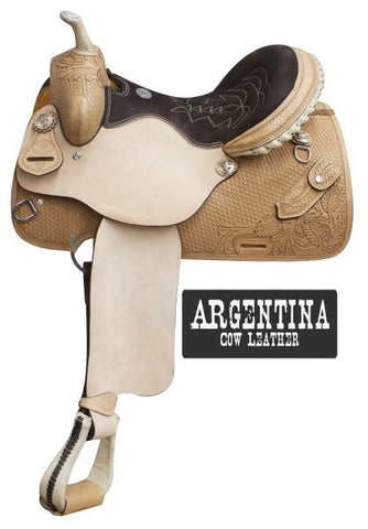 14", 15", 16" Double T  Argentina cow leather barrel style saddle with basket weave tooling and knife pocket.