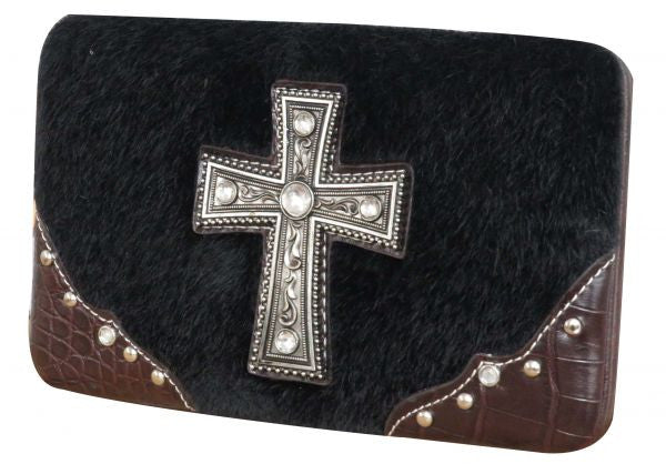 Black hair on cowhide wallet with large engraved cross with crystal rhinestones.