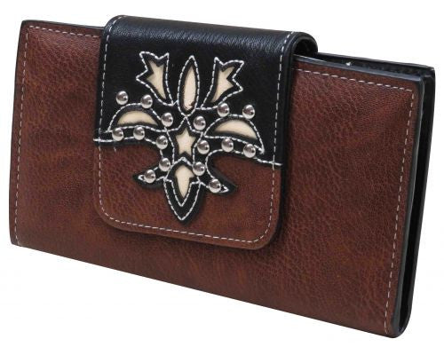 Brown PU leather wallet with cream inlay design.