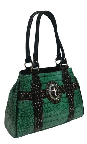 Dark teal gator print PU leather handbag with crystal rhinestone cross.