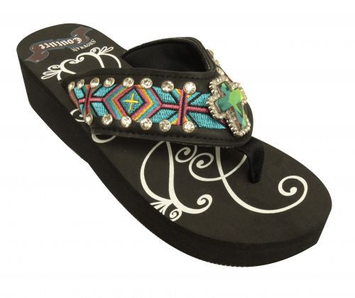 Showman Couture ™ Ladies western flip flops with Southwest embroidery with iridescent crystal rhinstone cross concho.