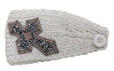 Wide knit headband with beaded rhinestone cross