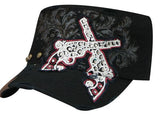Showman Couture ™ Ladies Military Cargo Style Hat With Crossed Guns and Filigree Design. Adjustable One size fits most.