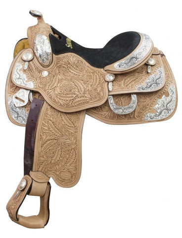 16" Showman ® Argentina cow leather show saddle with oak leaf tooling and engraved silver plates.