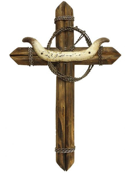 Montana West ® 24" x 16" Wood cross with metal steer horns and barbred wire in center