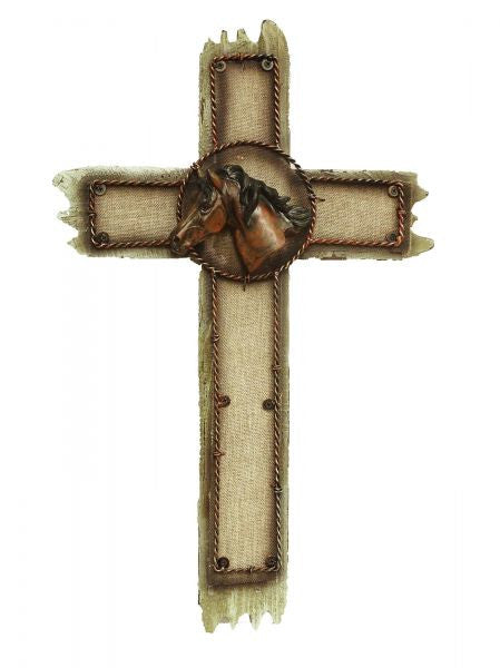 Montana West ® 21" x 12" burlap texture cross with barbed wire trim and horse in center